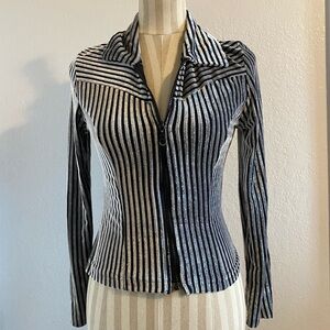 90s Vintage Ribbed Striped Textured Zip Blouse Medium